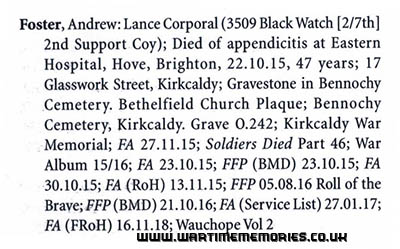 listings on his whereabouts Kirkcaldy according to a book The Register of the Fife Fallen in the Great War 1914-1919 by E.Klak & J. Klak